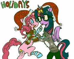Size: 1253x990 | Tagged: safe, artist:ponykip, pinkie pie, twilight sparkle, alicorn, earth pony, pony, g4, bipedal, bow, candy, candy cane, christmas, clothes, concave belly, duo, female, food, glasses, hat, holiday, horn, horn bow, lesbian, santa hat, scarf, ship:twinkie, shipping, sweater, twilight sparkle (alicorn)