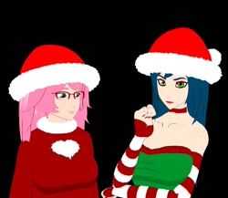 Size: 988x858 | Tagged: safe, artist:mixermike622, queen chrysalis, oc, oc:chrystina, oc:fluffle puff, human, g4, 3d, bare shoulders, black background, breasts, busty queen chrysalis, chest freckles, choker, christmas, clothes, duo, duo female, evening gloves, female, fingerless elbow gloves, fingerless gloves, floof'n'friends, freckles, gloves, hat, holiday, humanized, humanized oc, long gloves, santa hat, simple background, striped gloves, sweat