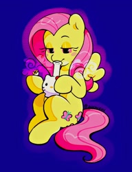 Size: 1574x2048 | Tagged: safe, artist:zuchi444, fluttershy, pegasus, pony, g4, blue background, bong, drug use, drugs, female, flutterhigh, hello kitty, high, mare, simple background, solo