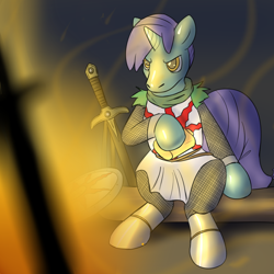Size: 1200x1200 | Tagged: safe, artist:rawr, oc, oc only, oc:circuit board, balloon pony, inflatable pony, unicorn, crossover, dark souls, determined, flask, hoof hold, sitting, solaire of astora, solo, sword, weapon