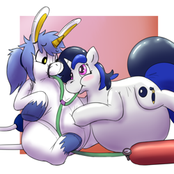 Size: 1200x1200 | Tagged: safe, artist:rawr, oc, oc only, oc:inkwell, balloon pony, classical unicorn, inflatable pony, unicorn, air tank, balloon, cloven hooves, duo, horn, inflatable, inflation, leonine tail, looking at each other, looking at someone, pool toy, sitting, unshorn fetlocks