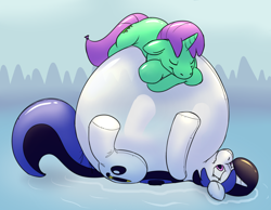Size: 1350x1050 | Tagged: safe, artist:rawr, oc, oc only, oc:circuit board, oc:inkwell, balloon pony, inflatable pony, unicorn, balloon, inflatable, inflation, lying down, lying on top of someone, ocean, on back, pool toy, sleeping, water