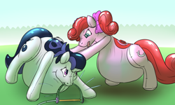 Size: 1500x900 | Tagged: safe, artist:rawr, oc, oc only, oc:inkwell, oc:pretty princess, earth pony, inflatable pony, unicorn, bow, duo, hair bow, inflatable, inflation, mouth hold, pool toy, pushing, saddle, tack, water inflation