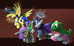 Size: 1600x1000 | Tagged: safe, artist:rawr, oc, oc only, oc:circuit board, oc:inkwell, oc:lemon frost, oc:willy nilly, balloon pony, inflatable pony, pegasus, pony, unicorn, bub, bubble bobble, clothes, cosplay, costume, dark souls, solaire of astora
