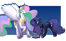 Size: 1600x1000 | Tagged: safe, artist:rawr, princess celestia, princess luna, alicorn, inflatable pony, g4, angry, book, cute, floppy ears, inanimate tf, inflatable, looking away, magic, pool toy, transformation