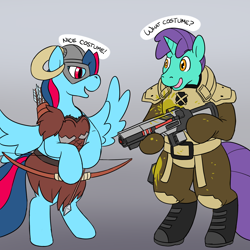 Size: 1200x1200 | Tagged: safe, artist:rawr, oc, oc only, oc:circuit board, oc:sky ribbon, pegasus, pony, unicorn, armor, bipedal, bow (weapon), clothes, cosplay, costume, dialogue, duo, gun, helmet, hoof hold, laser rifle, skyrim, talking, the elder scrolls, weapon, x-com