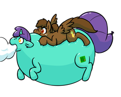 Size: 2500x2000 | Tagged: safe, artist:rawr, oc, oc only, oc:circuit board, oc:willy nilly, balloon pony, inflatable pony, pegasus, pony, unicorn, balloon, cloud, eating, floppy ears, high res, inflation, lying down, lying on top of someone, riding, simple background, white background