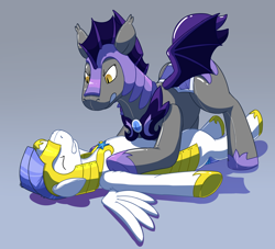 Size: 2200x2000 | Tagged: safe, artist:rawr, bat pony, inflatable pony, pegasus, pony, g4, cute, eyes closed, gritted teeth, high res, inanimate tf, inflatable, night guard, on back, on top, pool toy, royal guard, sports, teeth, wrestling