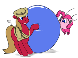 Size: 2400x1800 | Tagged: safe, alternate version, artist:rawr, pinkie pie, oc, oc:cherry pie, earth pony, pony, robot, fallout equestria, fallout equestria: new pegas, g4, balloon, blowing up balloons, fanfic art, high res, inflating, inflation, pink-e, simple background, spritebot, white background