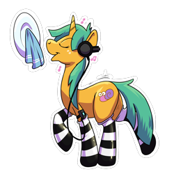 Size: 2000x2000 | Tagged: safe, artist:rawr, snails, original species, pony, rubber pony, unicorn, g4, clothes, dishes, eyes closed, headphones, high res, latex, latex socks, male, mp3 player, music notes, plate, profile, rubber, rule 63, simple background, socks, solo, spice, striped socks, towel, transparent background
