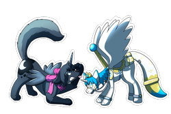 Size: 2400x1600 | Tagged: safe, artist:rawr, princess celestia, princess luna, oc, oc:taylor, oc:trask, alicorn, fox, inflatable pony, wolf, bow, bridle, carousel, furry, furry to pony, inflatable, pool toy, post-transformation, simple background, tack, transformation, transparent background