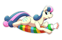 Size: 2600x1700 | Tagged: safe, artist:rawr, bon bon, sweetie drops, earth pony, inflatable pony, pony, g4, blushing, candy, female, food, high res, inflatable, inflatable toy, lying down, mare, open mouth, pool toy, prone, simple background, smiling, solo, transparent background
