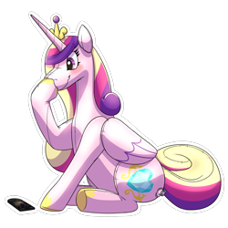 Size: 2000x2000 | Tagged: safe, artist:rawr, princess cadance, alicorn, inflatable pony, g4, blushing, boop, female, high res, human to pony, inflatable, inflation, mare, phone, pool toy, self-boop, simple background, sitting, solo, transformation, transformation sequence, transgender transformation, transparent background