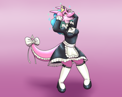 Size: 2500x2000 | Tagged: safe, artist:rawr, princess celestia, oc, oc:charlotte, dragon, g4, character to character, clothes, crown, female, furry, furry to pony, high res, inanimate tf, inflatable, jewelry, maid, regalia, transformation, transformation sequence