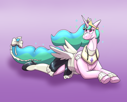 Size: 2500x2000 | Tagged: safe, artist:rawr, princess celestia, oc, oc:charlotte, alicorn, inflatable pony, g4, character to character, clothes, crown, female, furry to pony, high res, inanimate tf, inflatable, jewelry, lying down, maid, peytral, prone, regalia, ripping clothes, transformation, transformation sequence