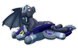 Size: 4000x2500 | Tagged: safe, artist:rawr, oc, oc only, oc:diomades, oc:skyler, bat pony, inflatable pony, pony, facial hair, glasses, high res, inflatable, lying down, male, on back, on top, prone, simple background, stallion, transparent background