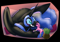 Size: 5000x3500 | Tagged: safe, artist:rawr, nightmare moon, oc, alicorn, inflatable pony, latex pony, original species, unicorn, g4, absurd resolution, blushing, clothes, female, grin, human to pony, inflatable, inflation, latex, leg warmers, macro, mare, nightmare bloon, nuzzling, room, smiling, striped leg warmers, transformation, transgender transformation