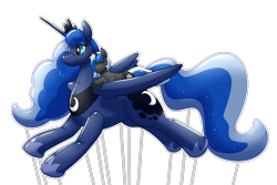 Size: 6000x4000 | Tagged: safe, artist:rawr, princess luna, oc, oc:equui-nox, alicorn, inflatable pony, pony, unicorn, g4, absurd resolution, balloon, blushing, eyes closed, inflatable, lying down, parade balloon, prone, riding, simple background, transparent background