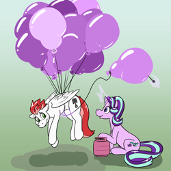 Size: 2000x2000 | Tagged: safe, artist:rawr, starlight glimmer, oc, oc:swift apex, pegasus, pony, unicorn, g4, balloon, balloon popping, bully, bullying, canon x oc, duo, female, floating, glimmex, high res, male, mare, pin, popping, sitting, straight, worried