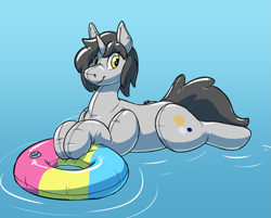 Size: 1241x1000 | Tagged: safe, artist:rawr, oc, oc only, oc:clockwork gear, inflatable pony, unicorn, floating, holding, inflatable, inner tube, pansexual pride flag, pool toy, pride, pride flag, solo, water