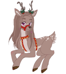 Size: 1982x2247 | Tagged: safe, artist:ruru_01, oc, oc only, deer, deer pony, hybrid, original species, pony, chest fluff, christmas, countershading, deer oc, ear fluff, harness, holiday, holly, hooves, horns, looking at you, lying down, non-pony oc, simple background, smiling, smiling at you, solo, tail, tail fluff, white background