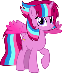 Size: 4000x4696 | Tagged: safe, artist:melisareb, oc, oc only, oc:bubble sparkle, alicorn, pony, 2024 community collab, bubbleverse, derpibooru community collaboration, g4, absurd resolution, colored wings, female, gradient wings, looking at you, magical lesbian spawn, mare, multiple parents, offspring, parent:glitter drops, parent:spring rain, parent:tempest shadow, parent:twilight sparkle, parents:sprglitemplight, raised hoof, simple background, solo, transparent background, vector, wings