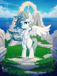 Size: 3000x4000 | Tagged: safe, artist:raineve, alicorn, pony, belly, bipedal, cel shading, colored, eyebrows, female, hooves on chest, looking at you, mare, outdoors, round belly, ruins, shading, solo, spread wings, standing, white coat, wings