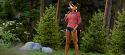Size: 5000x2222 | Tagged: safe, artist:dark-fic, oc, oc only, earth pony, anthro, 3d, axe, blender, blender cycles, clothes, female, flannel, flower, forest, grass, high res, lumberjack, nature, rock, shorts, solo, tree, weapon