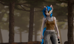 Size: 4754x2823 | Tagged: safe, artist:dark-fic, oc, oc only, oc:homage, unicorn, anthro, fallout equestria, 3d, aviator sunglasses, blender, blender cycles, clothes, denim, female, forest, jeans, nature, pants, solo, standing, sunglasses, tank top, tree
