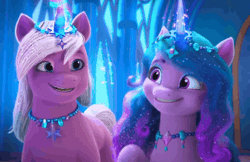 Size: 1658x1074 | Tagged: safe, screencap, izzy moonbow, violet frost, auroricorn, pony, unicorn, g5, my little pony: make your mark, my little pony: make your mark chapter 6, secrets of starlight, spoiler:g5, spoiler:my little pony: make your mark, spoiler:my little pony: make your mark chapter 6, spoiler:mymc06e04, animated, excited, female, gif, glitter, hoofbump, makeup, mare