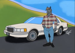 Size: 1210x863 | Tagged: safe, artist:delta dewitt, oc, oc only, oc:devin, bat pony, anthro, bat pony oc, car, classic car, clothes, flannel, ford, hat, lincoln (car), lincoln town car, muscles, road, shirt, solo, vehicle