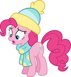 Size: 8818x9640 | Tagged: safe, artist:starryshineviolet, pinkie pie, earth pony, pony, g4, my little pony best gift ever, absurd resolution, beanie, clothes, eyebrows, female, hat, mare, open mouth, raised eyebrow, scarf, simple background, solo, transparent background, vector, winter outfit, worried
