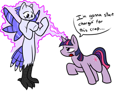 Size: 1200x900 | Tagged: safe, artist:boundbrush, twilight sparkle, bird, blue jay, pony, unicorn, g4, dialogue, furry, furry to pony, hilarious in hindsight, magic, simple background, speech bubble, transformation, unamused, unicorn twilight, white background