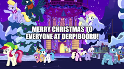 Size: 888x499 | Tagged: safe, edit, edited screencap, screencap, burning passion, cherry cola, cherry fizzy, cloud kicker, derpy hooves, lightning bolt, love sketch, mayor mare, millie, roseluck, star hunter, strawberry swing, white lightning, windsweep, earth pony, pegasus, pony, best gift ever, g4, background pony, christmas, clothes, earmuffs, female, filly, flying, foal, hat, hearth's warming tree, holiday, male, mare, night, ponyville, ponyville town hall, scarf, snow, snowfall, stallion, the true gift of gifting, town hall, tree, winter, winter outfit