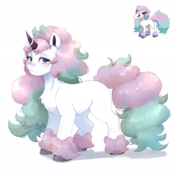 Size: 2048x2048 | Tagged: safe, artist:mikkybun, galarian ponyta, pony, ponyta, unicorn, blushing, chest fluff, crossover, female, high res, looking at you, mare, pokémon, ponified, signature, simple background, solo, white background