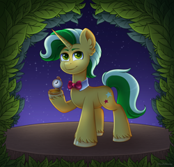 Size: 4400x4200 | Tagged: safe, artist:madelinne, oc, oc only, unicorn, horn, leaves, night, pocket watch, sky, solo, stage, stars, unicorn oc