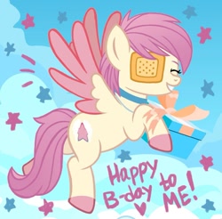 Size: 1280x1260 | Tagged: safe, artist:jennieoo, oc, pegasus, pony, birthday, birthday gift, cloud, eyepatch, flying, happy, show accurate, sketch, solo