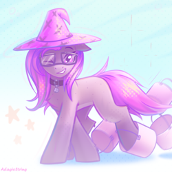 Size: 2000x2000 | Tagged: safe, artist:adagiostring, oc, oc only, earth pony, commission, cute, earth pony oc, female, glasses, hat, high res, looking at you, one eye closed, purple mane, solo, walking, wink