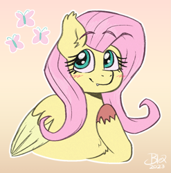 Size: 987x997 | Tagged: safe, artist:blex, fluttershy, pegasus, pony, g4, bat ears, blush scribble, blushing, bust, chest fluff, colored, colored hooves, cute, cute little fangs, eyebrows, eyebrows visible through hair, fangs, female, folded wings, gradient background, half body, hoof on chest, looking sideways, looking up, mare, outline, signature, smiling, solo, three quarter view, unshorn fetlocks, white outline, wings