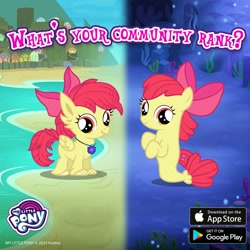 Size: 1080x1080 | Tagged: safe, gameloft, apple bloom, hippogriff, seapony (g4), g4, my little pony: magic princess, beach, bubble, coral, crepuscular rays, cute, dorsal fin, female, filly, fin, fish tail, flowing mane, flowing tail, foal, game screencap, hippogriffied, jewelry, looking at you, ocean, pendant, race swap, ribbon, seaponified, seapony apple bloom, seaquestria, seaweed, smiling, smiling at you, solo, species swap, sunlight, tail, text, underwater, water