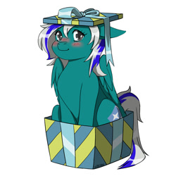 Size: 2000x2000 | Tagged: safe, artist:erein, oc, oc only, oc:blue star, changeling, pegasus, pony, blushing, box, changeling oc, christmas, colored, commission, cute, ears back, eyes closed, female, flat colors, gray eyes, happy, high res, holiday, multicolored hair, pony in a box, present, rule 63, simple background, smiling, solo, white background, wings