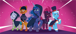 Size: 4092x1833 | Tagged: safe, artist:prixy05, idw, capper dapperpaws, princess luna, stygian, tempest shadow, trixie, abyssinian, alicorn, cat, pony, unicorn, anthro, digitigrade anthro, g4, g5, my little pony: tell your tale, nightmare knights, spoiler:comic, anthro with ponies, disguise, female, g4 to g5, generation leap, group, maelstrom shade, male, mare, pink background, quintet, simple background, stallion, starry night terror, the alley cat, the dark horse, the great and powerful roxy