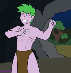 Size: 1800x1826 | Tagged: safe, artist:hayley566, artist:swiftgaiathebrony, spike, human, equestria girls, g4, abs, cave, caveman, cavern, chest beating, chest pounding, eyes closed, gigachad spike, human spike, humanized, loincloth, male, muscles, neanderthal, night, older, older spike, pecs, tarzan