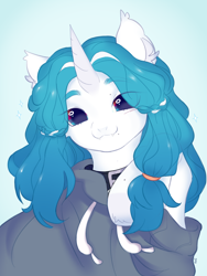 Size: 3000x4000 | Tagged: safe, artist:syu, oc, bat pony, unicorn, adorable face, bat pony oc, birthmark, bust, clothes, collar, commission, cute, ear fluff, fangs, hairstyle, heterochromia, hoodie, looking at you, mole, portrait, raised hoof, shiny, simple background, sketch, smiling, smiling at you, solo