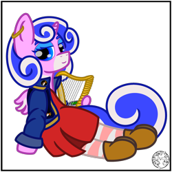Size: 2000x2000 | Tagged: safe, artist:dice-warwick, oc, oc only, oc:harp melody, original species, fallout equestria, fallout equestria: desperados, clothes, dress, fanfic art, female, harp, high res, horn, jacket, mare, mirage pony, musical instrument, pipbuck, simple background, small horn, small wings, solo, stockings, thigh highs, transparent background, wings
