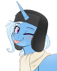Size: 514x637 | Tagged: safe, artist:higglytownhero, trixie, pony, unicorn, g4, :p, ;p, blushing, breath, bust, clothes, eyebrows, eyebrows visible through hair, female, hat, looking at you, one eye closed, portrait, raspberry, scarf, simple background, smiling, solo, tongue out, ushanka, white background, wink