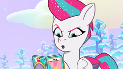 Size: 3072x1727 | Tagged: safe, screencap, zipp storm, pegasus, pony, g5, my little pony: tell your tale, snow business like show business, spoiler:g5, spoiler:my little pony: tell your tale, spoiler:tyts01e70, :o, cellphone, eyebrows, female, mare, open mouth, phone, raised eyebrow, smartphone, solo