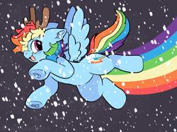 Size: 2732x2048 | Tagged: safe, artist:spookyfoxinc, rainbow dash, pegasus, pony, g4, antlers, female, flying, high res, mare, open mouth, open smile, rainbow trail, reindeer antlers, smiling, snow, snowfall, solo, spread wings, stars, underhoof, wings, winter