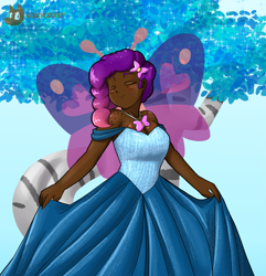 Size: 3377x3508 | Tagged: safe, artist:jackudoggy, misty brightdawn, human, g5, boob freckles, breasts, busty misty brightdawn, chest freckles, clothes, cute, dark skin, dress, eyes closed, female, formal wear, freckles, glitter, gown, gradient background, hair accessory, hairclip, high res, humanized, jewelry, mistybetes, necklace, rebirth misty, shoulder freckles, smiling, solo, together tree, tree, turned head, watermark, zephyr heights