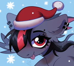 Size: 1719x1531 | Tagged: safe, artist:rtootb, oc, oc only, oc:era, pegasus, pony, blue background, christmas, cute, ear fluff, ear piercing, eyebrow piercing, female, floppy ears, happy new year, hat, holiday, looking at you, mare, pegasus oc, piercing, red eyes, santa hat, simple background, smiling, smiling at you, snow, snowflake, spread wings, tongue out, wings, winter